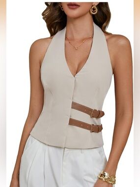 Beige Halter Waist Belted Vest Top. Size Large. NWOT.